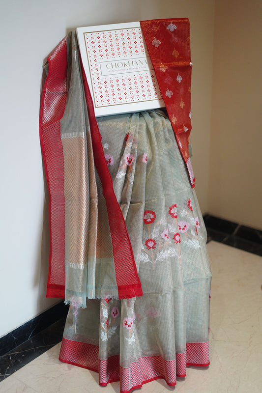 Teal Color Single Tissue Saree with Floral Buta