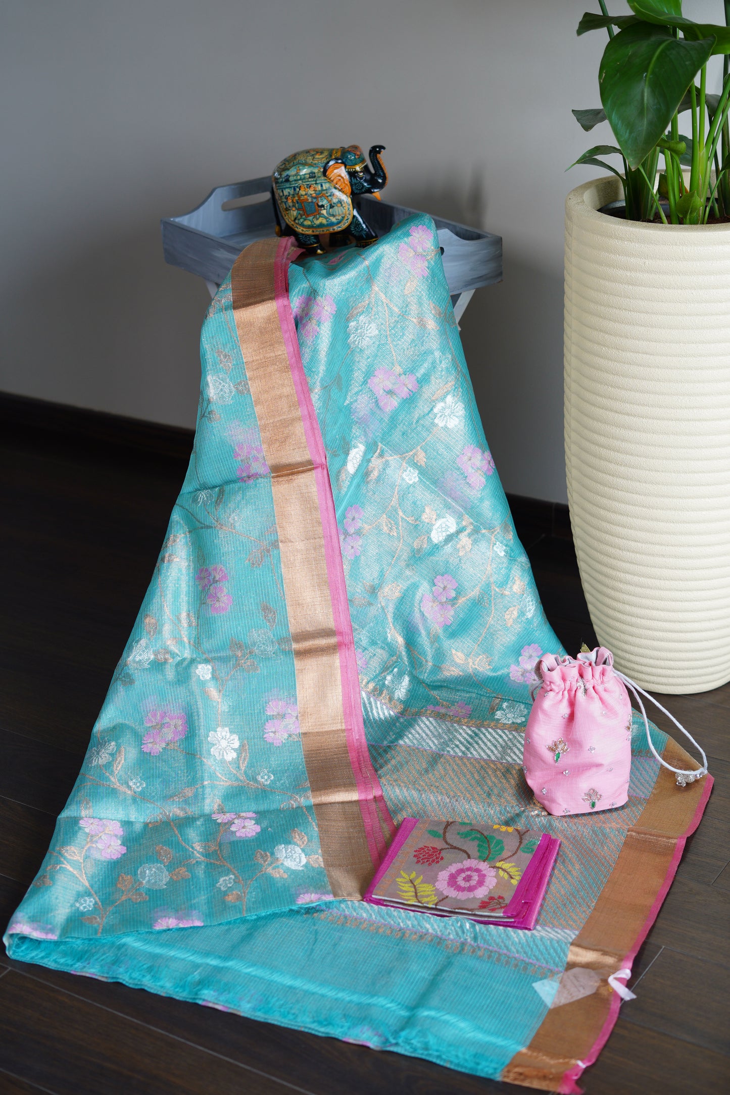 Turquoise Blue Single Tissue Saree