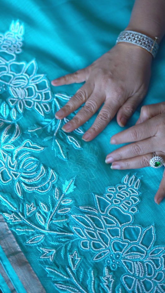 Blue Organza Cut Work Saree